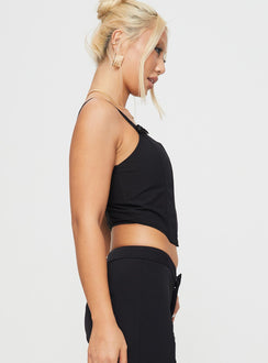 side view of model wearing Princess Polly Thaxten Top Black Sleeveless Square Neck 