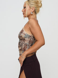 side view of model wearing Princess Polly Lepaisley Top Multi Sleeveless Plunger 
