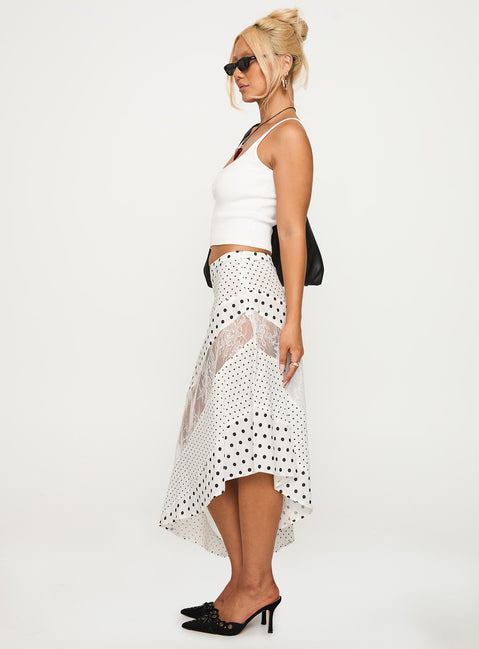   side view of model wearing Princess Polly Rennar Maxi Skirt White / Polka Dot Petite Midi Skirts 