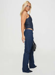 side view of model wearing Princess Polly Charismatic Jean Dark Pinstripe Low Rise Jeans 