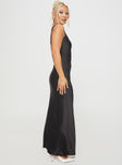 side view of model wearing Princess Polly Penelopy Bias Cut Maxi Dress Black Scoop Neck 