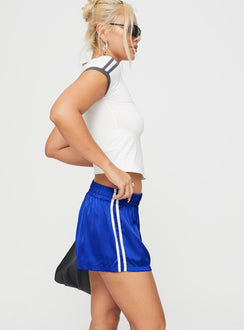 side view of model wearing Princess Polly 444 Shorts Cobalt High Waisted Shorts 