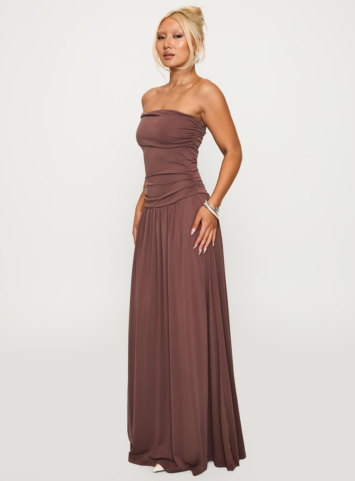 side view of model wearing Princess Polly Decadence Strapless Maxi Dress Brown Straight Neck 