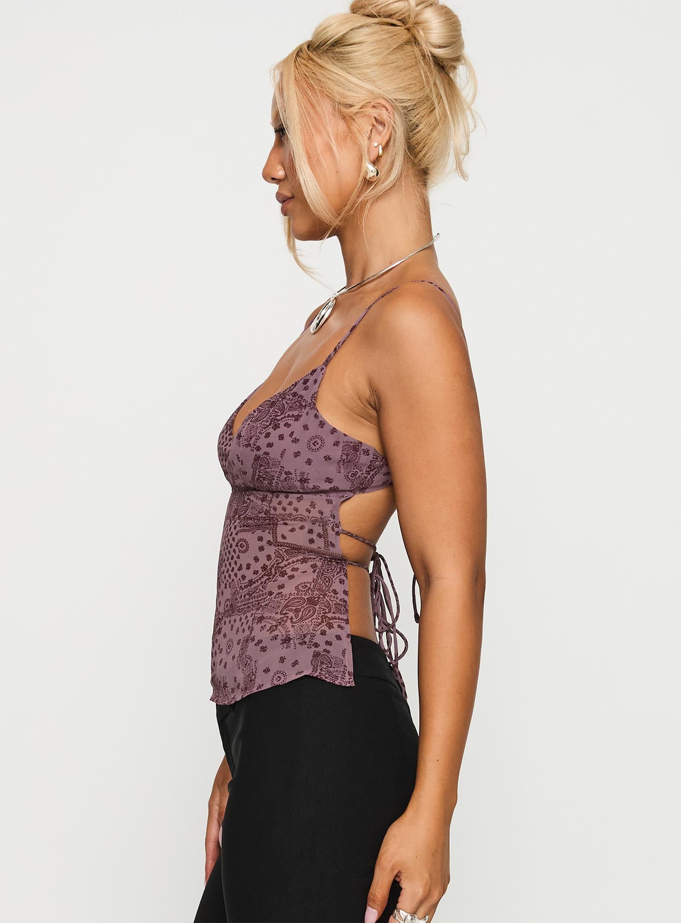 side view of model wearing Princess Polly Thank The Angels Backless Top Purple Sleeveless Plunger 
