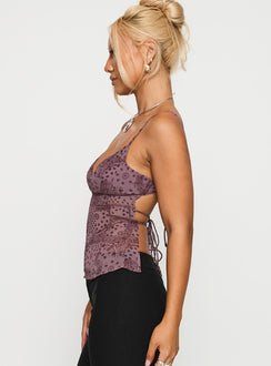 side view of model wearing Princess Polly Thank The Angels Backless Top Purple Sleeveless Plunger 