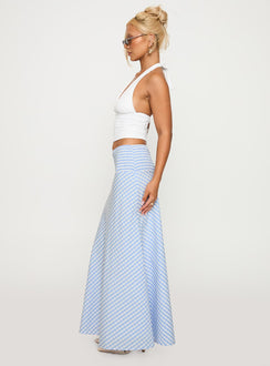   side view of model wearing Princess Polly Every Girl Shirred Maxi Skirt Blue Check Maxi 