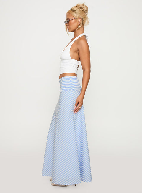   side view of model wearing Princess Polly Every Girl Shirred Maxi Skirt Blue Check Maxi 