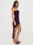 side view of model wearing Princess Polly Salinas Strapless Mini Dress Purple Straight Neck 