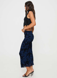   side view of model wearing Princess Polly Catrina Maxi Skirt Navy Midi Skirts 