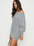 side view of model wearing Princess Polly Peregrine Cold Shoulder Mini Dress Grey Asymmetric Neckline 