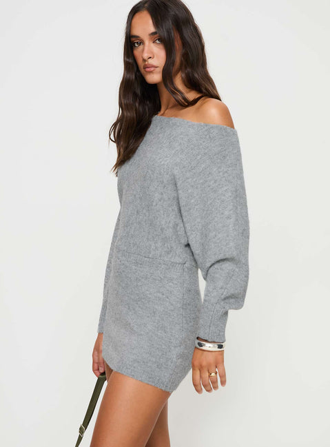 side view of model wearing Princess Polly Peregrine Cold Shoulder Mini Dress Grey Asymmetric Neckline 