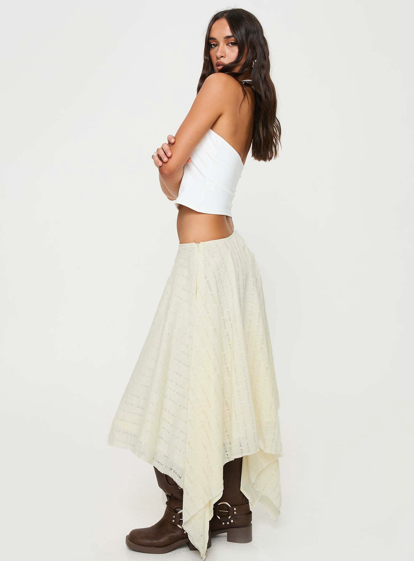   side view of model wearing Princess Polly Gratitude Midi Skirt Cream Midi Skirts 