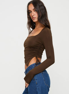 side view of model wearing Princess Polly Take Me On Long Sleeve Top Brown Full Sleeves Square Neck 