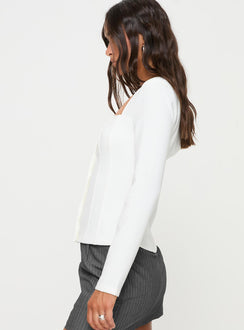 side view of model wearing Princess Polly Gaskin Long Sleeve Top White Full Sleeves Square Neck 
