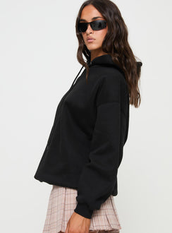 side view of model wearing Princess Polly Alvon Hooded Sweatshirt Black regular 
