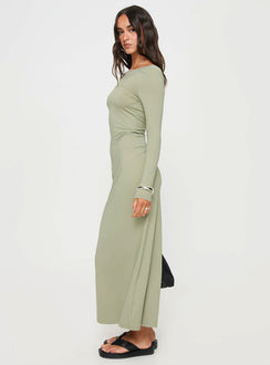 side view of model wearing Princess Polly Rain Fire Long Sleeve Maxi Dress Sage Boat Neck 