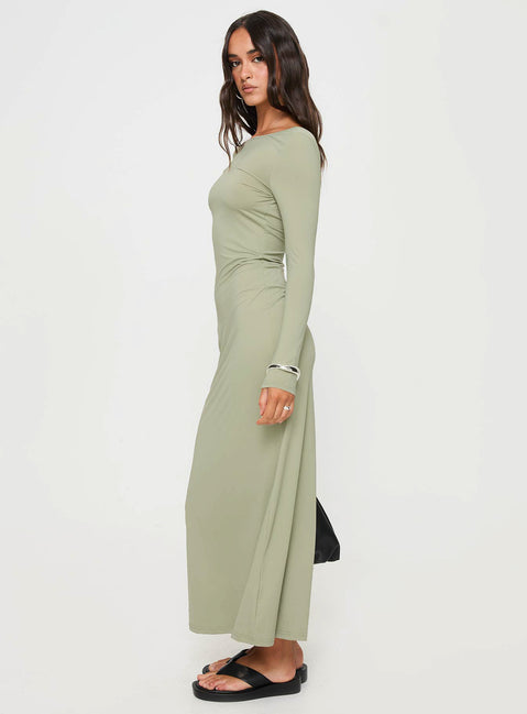 side view of model wearing Princess Polly Rain Fire Long Sleeve Maxi Dress Sage Boat Neck 