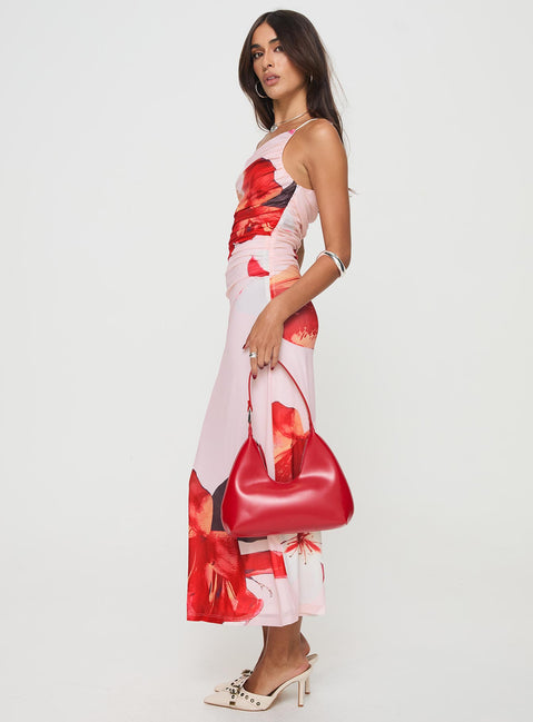 side view of model wearing Princess Polly Simeon Maxi Dress Floral Multi Asymmetric Neckline 