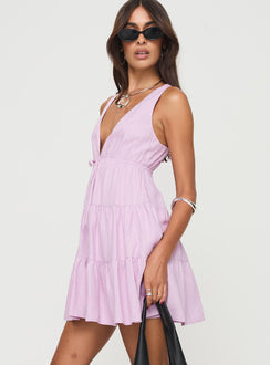 side view of model wearing Princess Polly Dipsie Mini Dress Lilac Plunger 