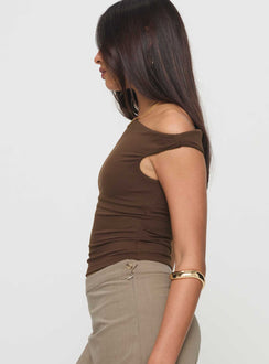 side view of model wearing Princess Polly Danza Top Brown Sleeveless Asymmetric Neckline 