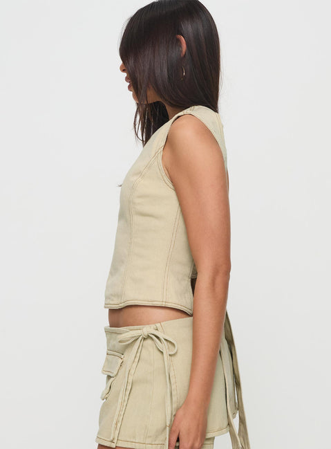 side view of model wearing Princess Polly Countryside Top Ecru Sleeveless Crew Neck 