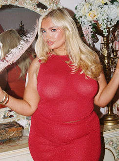 front view of model wearing Princess Polly Hugs & Kisses Knit Top Red Curve Sleeveless Crew Neck 