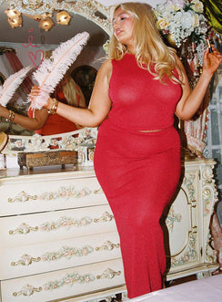   front view of model wearing Princess Polly Hugs & Kisses Knit Maxi Skirt Red Curve Maxi 