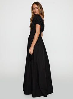 side view of model wearing Princess Polly Breeanna Maxi Dress Black V-Neck 