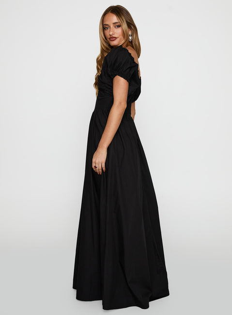 side view of model wearing Princess Polly Breeanna Maxi Dress Black V-Neck 