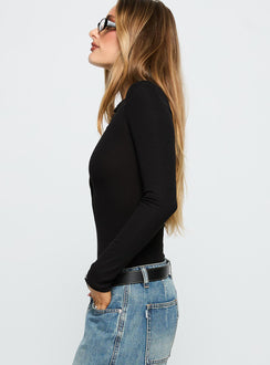 side view of model wearing Princess Polly Kandis Long Sleeve Bodysuit Black Long Sleeve Tops 