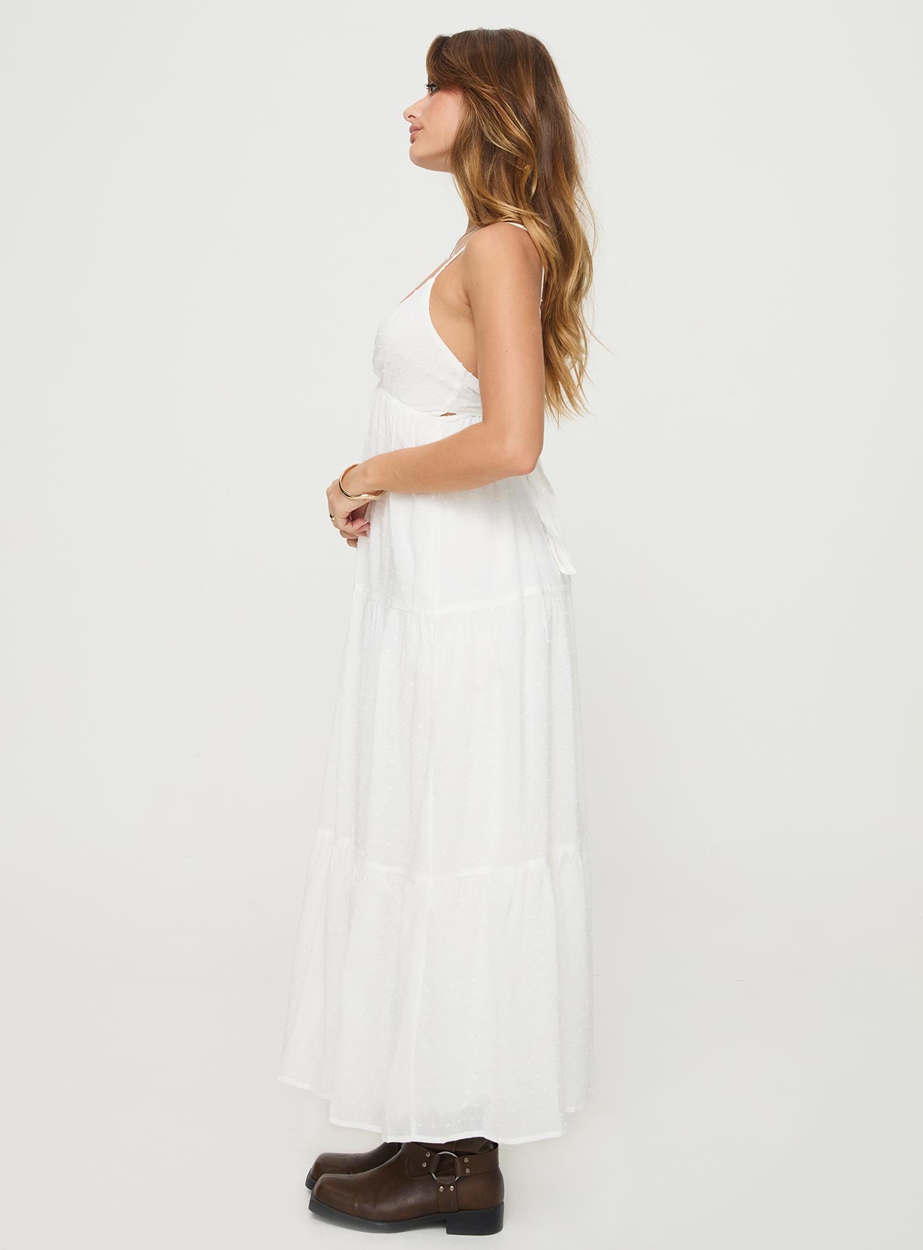 side view of model wearing Princess Polly Koko Maxi Dress White Plunger 
