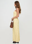 side view of model wearing Princess Polly Brydie Strapless Maxi Dress Yellow Floral Straight Neck 