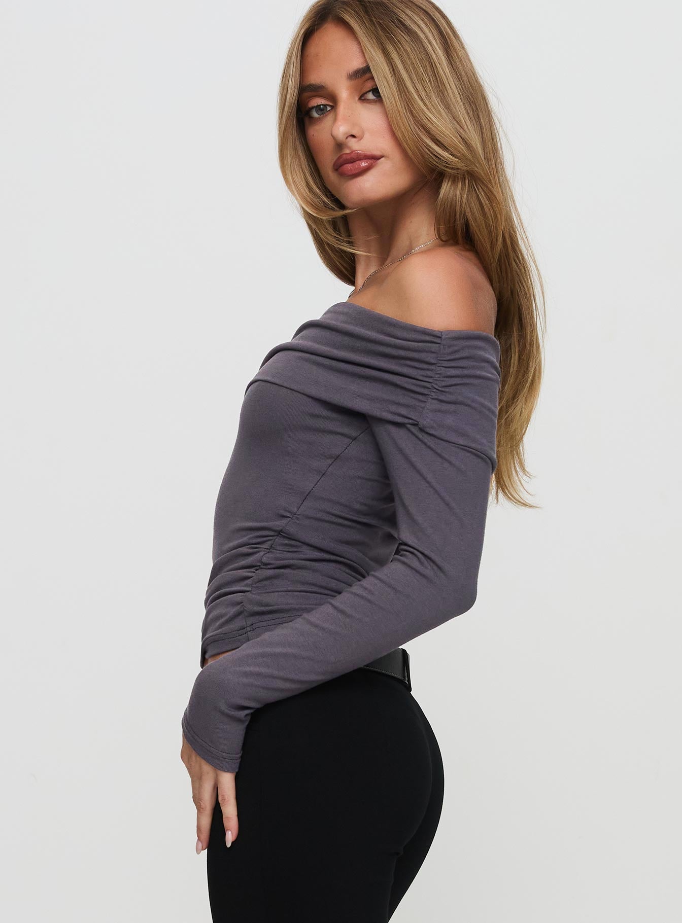side view of model wearing Princess Polly Erving Long Sleeve Off Shoulder Top Slate Full Sleeves straight 