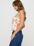 Strapless top Floral print, drawstring fastening at front, split hem Non-stretch material, fully lined 