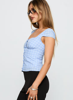 side view of model wearing Princess Polly Getting Close Button Up Top Blue Check Short Sleeves Sweetheart 