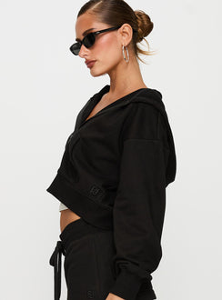 side view of model wearing Princess Polly Revive Zip Through Hoodie Black cropped 