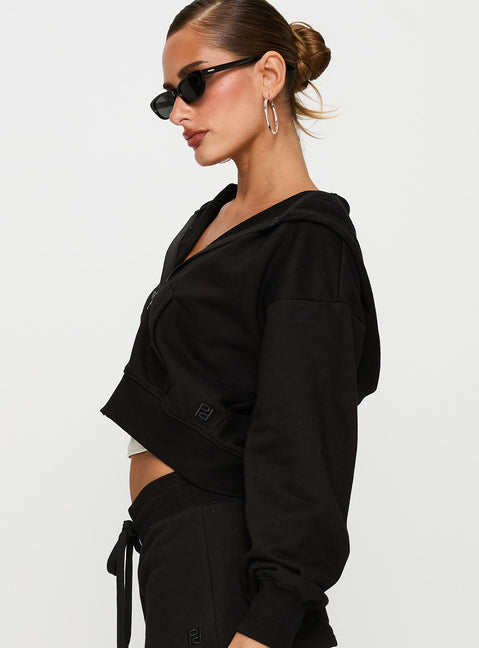 side view of model wearing Princess Polly Revive Zip Through Hoodie Black cropped 