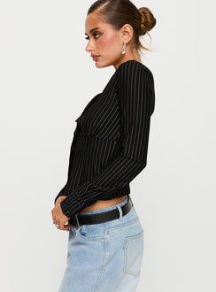 side view of model wearing Princess Polly Set For Life Foldover Detail Long Sleeve Top Black / White Pinstripe Full Sleeves V-Neck 