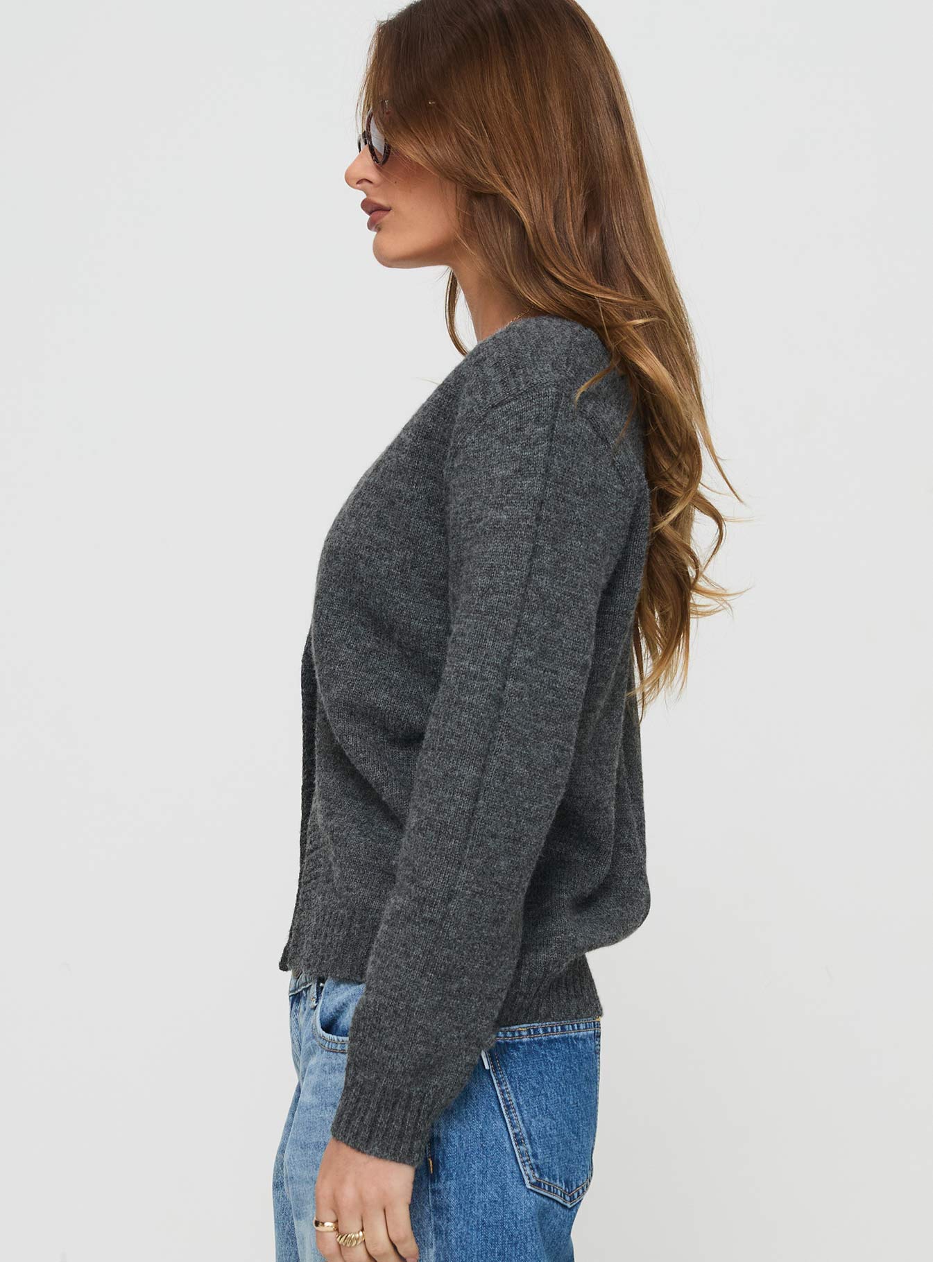 side view of model wearing Princess Polly Larkins Cardigan Grey cropped 