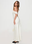 side view of model wearing Princess Polly Adoration Maxi Dress Cream Straight Neck 