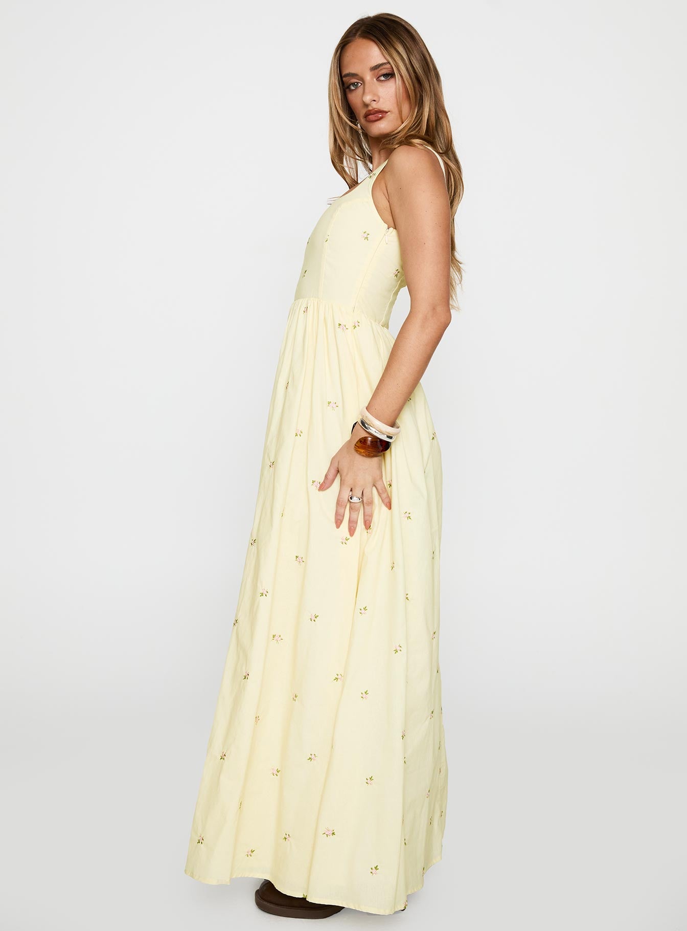 side view of model wearing Princess Polly Cartmel Embroidered Maxi Dress Cream Square Neck 