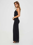 side view of model wearing Princess Polly Toomba Maxi Dress Black Asymmetric Neckline 