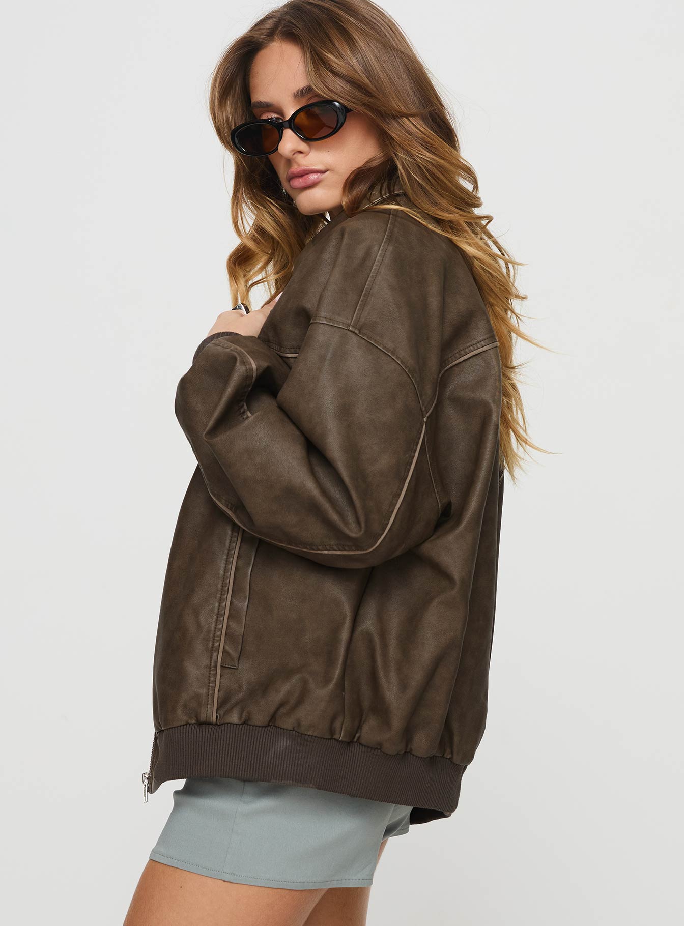 Goldsmith Faux Leather Bomber Jacket Washed Dark Brown | Princess