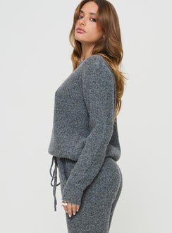 side view of model wearing Princess Polly Abrams Rib Knit Crew Sweater Charcoal Marle 