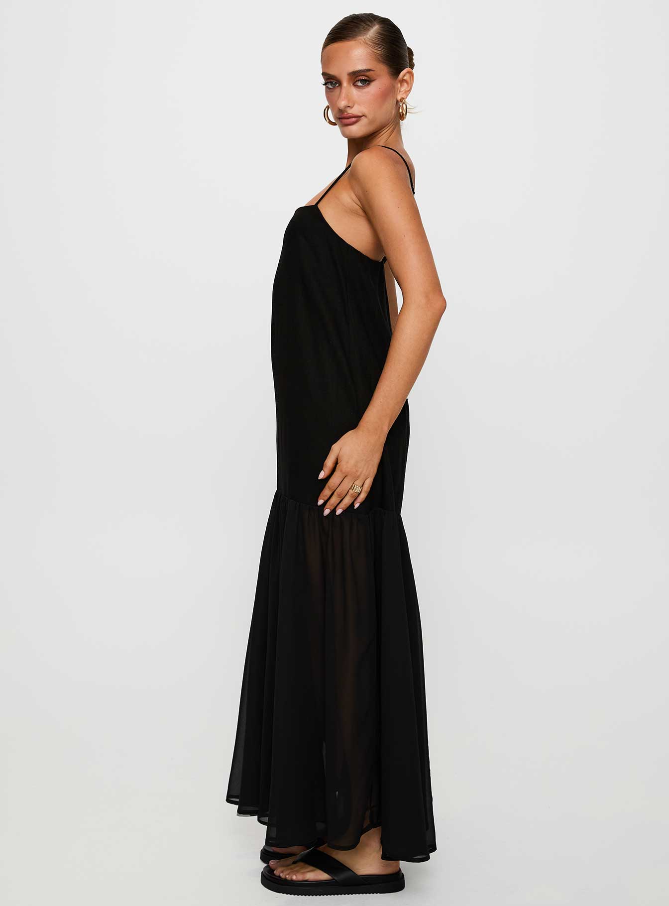 side view of model wearing Princess Polly Iskra Drop Waist Maxi Dress Black Square Neck 