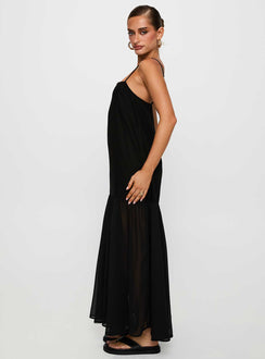 side view of model wearing Princess Polly Iskra Drop Waist Maxi Dress Black Square Neck 
