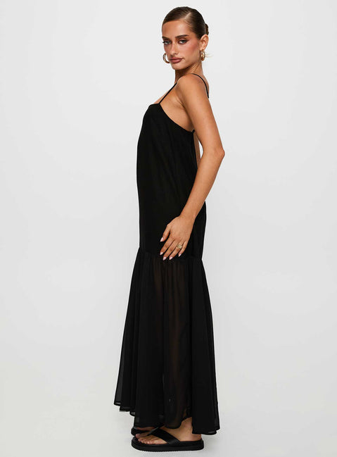 side view of model wearing Princess Polly Iskra Drop Waist Maxi Dress Black Square Neck 