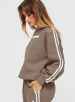 side view of model wearing Princess Polly Princess Polly Crew Neck Sweatshirt Stripe Taupe / White regular 