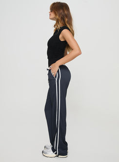 side view of model wearing Princess Polly Maranie Pants Navy/ White High Waisted Pants 