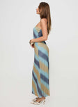 side view of model wearing Princess Polly Celik Strapless Maxi Dress Blue / Brown Straight Neck 